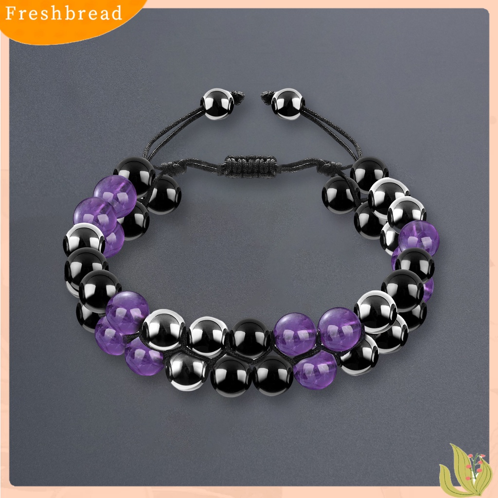 &lt; Freshbread &gt; Gelang Pria Dikepang Tali ic Double Layer Adjustable Serut Kepribadian Hias Tiger Eye Faux Rock Stone Pria Gelang Perhiasan Aksesori