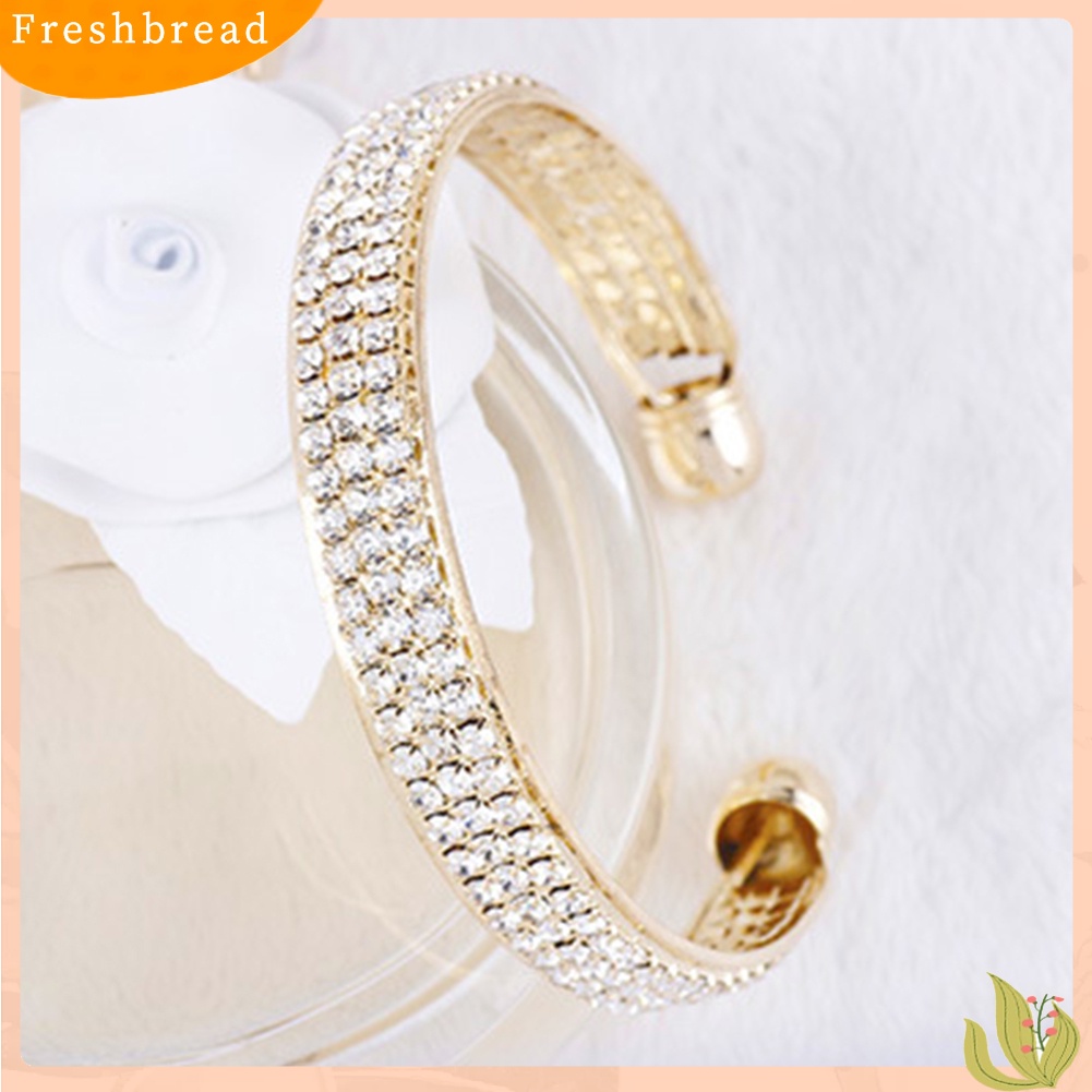 &lt; Freshbread &gt; 3baris Berlian Imitasi Mengkilap Pernikahan Pengantin Gelang Ujung Terbuka Bangle Lady Jewelry