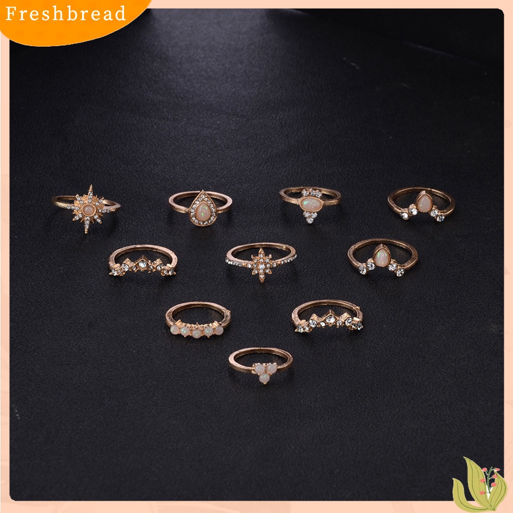 &lt; Freshbread &gt; 10Pcs/Set Wanita Tetesan Air Mahkota Berlian Imitasi Susun Midi Knuckle Finger Rings