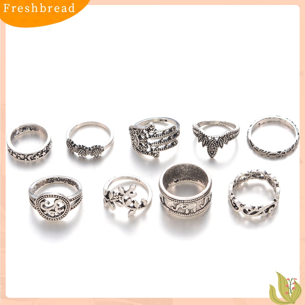 &lt; Freshbread &gt; 9Pcs Wanita Retro Ukiran Bunga Matahari Hamsa Tangan Fatima Hollow Knuckle Rings Set