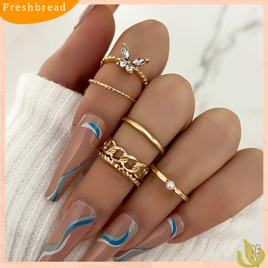 &lt; Freshbread &gt; 5pcs/Set Cincin Buku Jari Set Bentuk Kupu-Kupu Mutiara Imitasi Berongga Keluar Gaya Vintage Jari Cincin Set Perhiasan Wanita