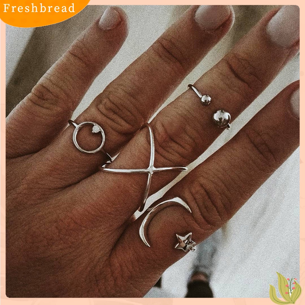 &lt; Freshbread &gt; 4Pcs/Set Salib Berlian Imitasi Bulan Bintang Terbuka Cincin Wanita Jari Buku Jari Perhiasan Hadiah