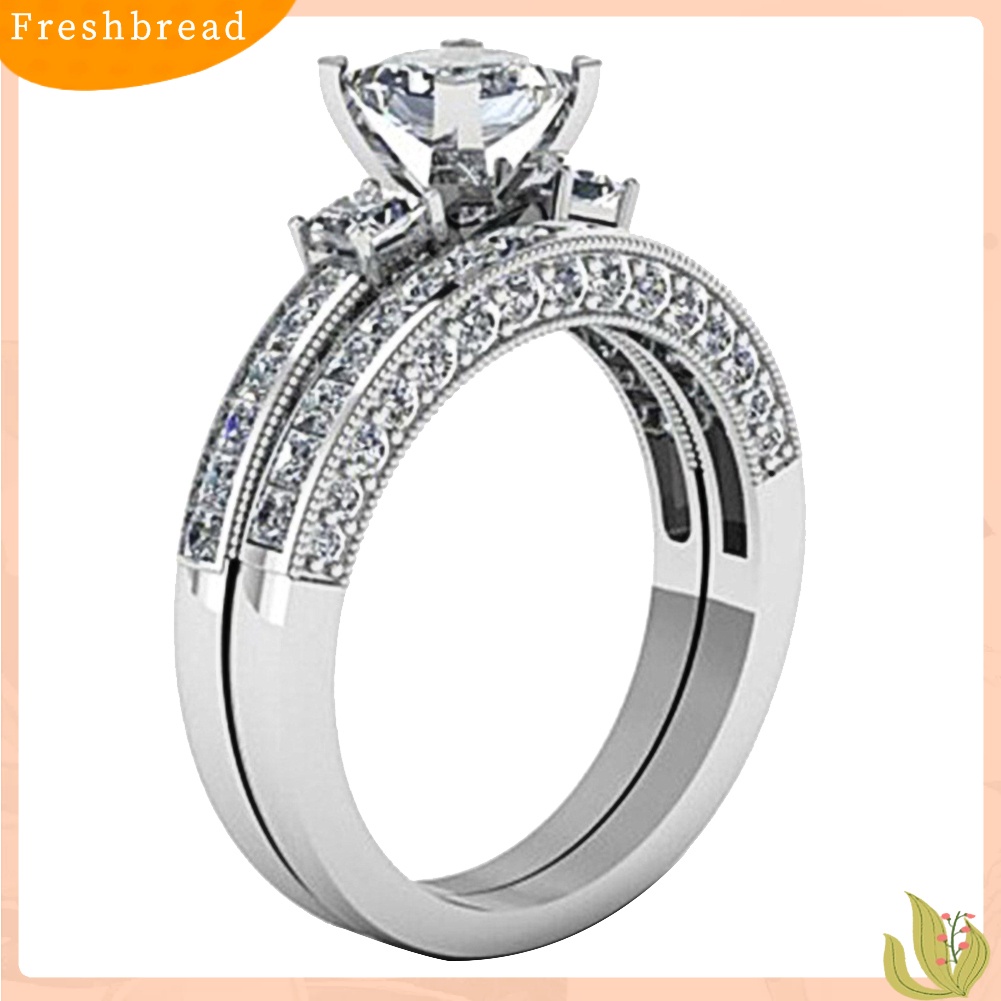 &lt; Freshbread &gt; 2Pcs/Set Wanita Pertunangan Pernikahan Putri Potong Berlian Imitasi Bertatahkan Cincin Susun