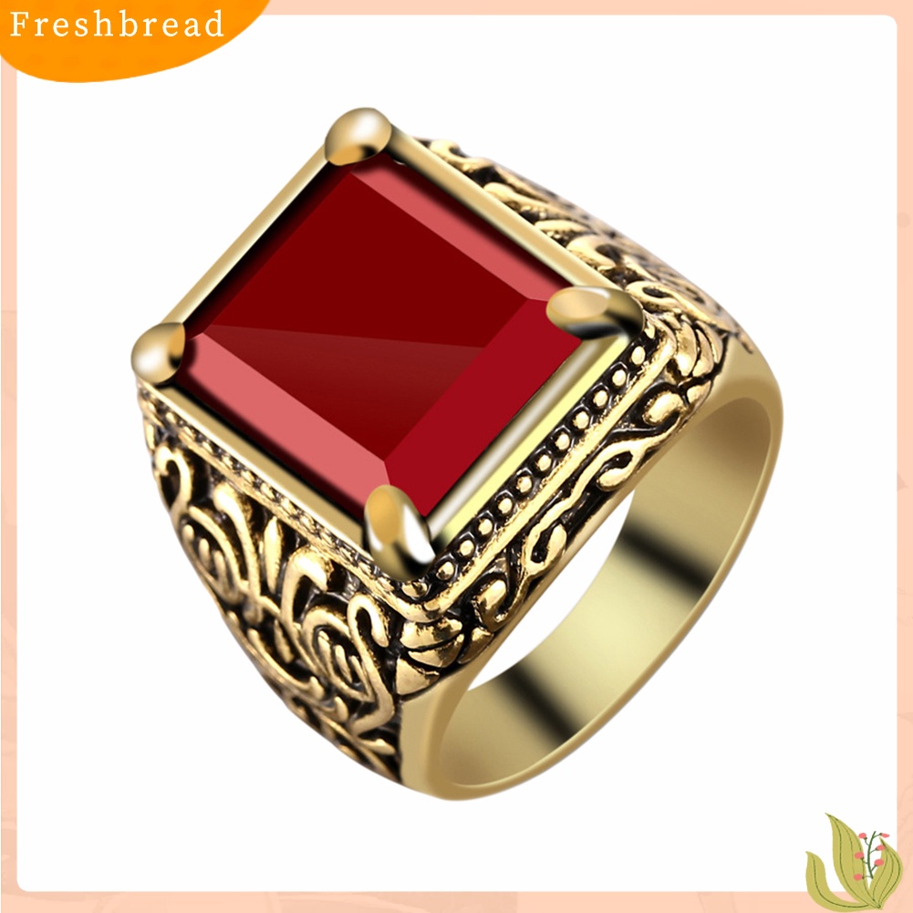 &lt; Freshbread &gt; Chinese Totem Vintage Square Resin Pria Perjamuan Cincin Lebar Band Jari Perhiasan