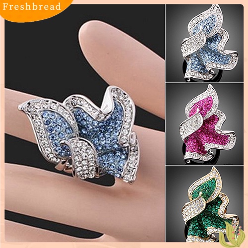 &lt; Freshbread &gt; Wanita Daun Berlapis Emas 9K Kristal Berlian Imitasi Hias Cocktail Cincin Hadiah Perhiasan