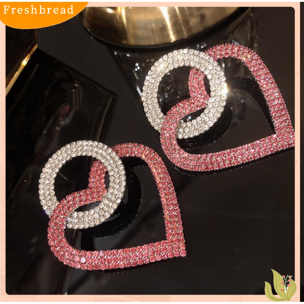 &lt; Freshbread &gt; Wanita Berlian Imitasi Hias Hati Bulat Menjuntai Telinga Stud Anting Pesta Perhiasan Hadiah