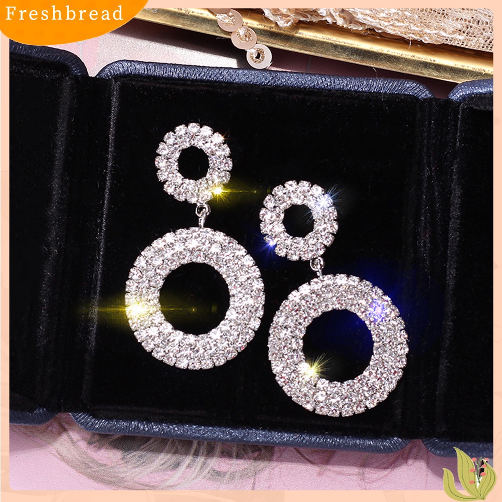 &lt; Freshbread &gt; Fashion Lingkaran Ganda Hias Berlian Imitasi Wanita Stud Earrings Pesta Perhiasan Hadiah