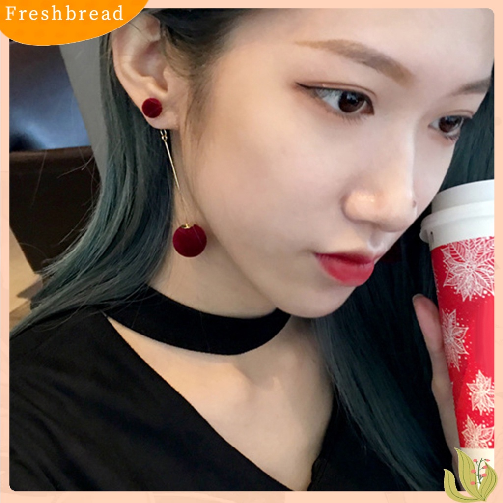 < Freshbread > Rantai Elegan Bola Bulu Panjang Menjuntai Anting Wanita Eardrop Earrings Perhiasan Hadiah