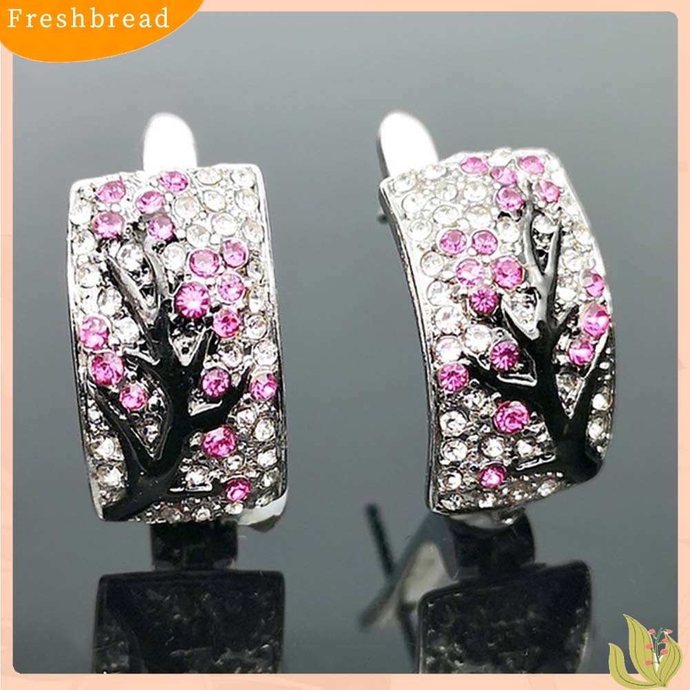 &lt; Freshbread &gt; Lady Shiny Plum Blossom Cabang Penuh Berlian Imitasi Bertatahkan Melengkung Anting-Anting Persegi Panjang