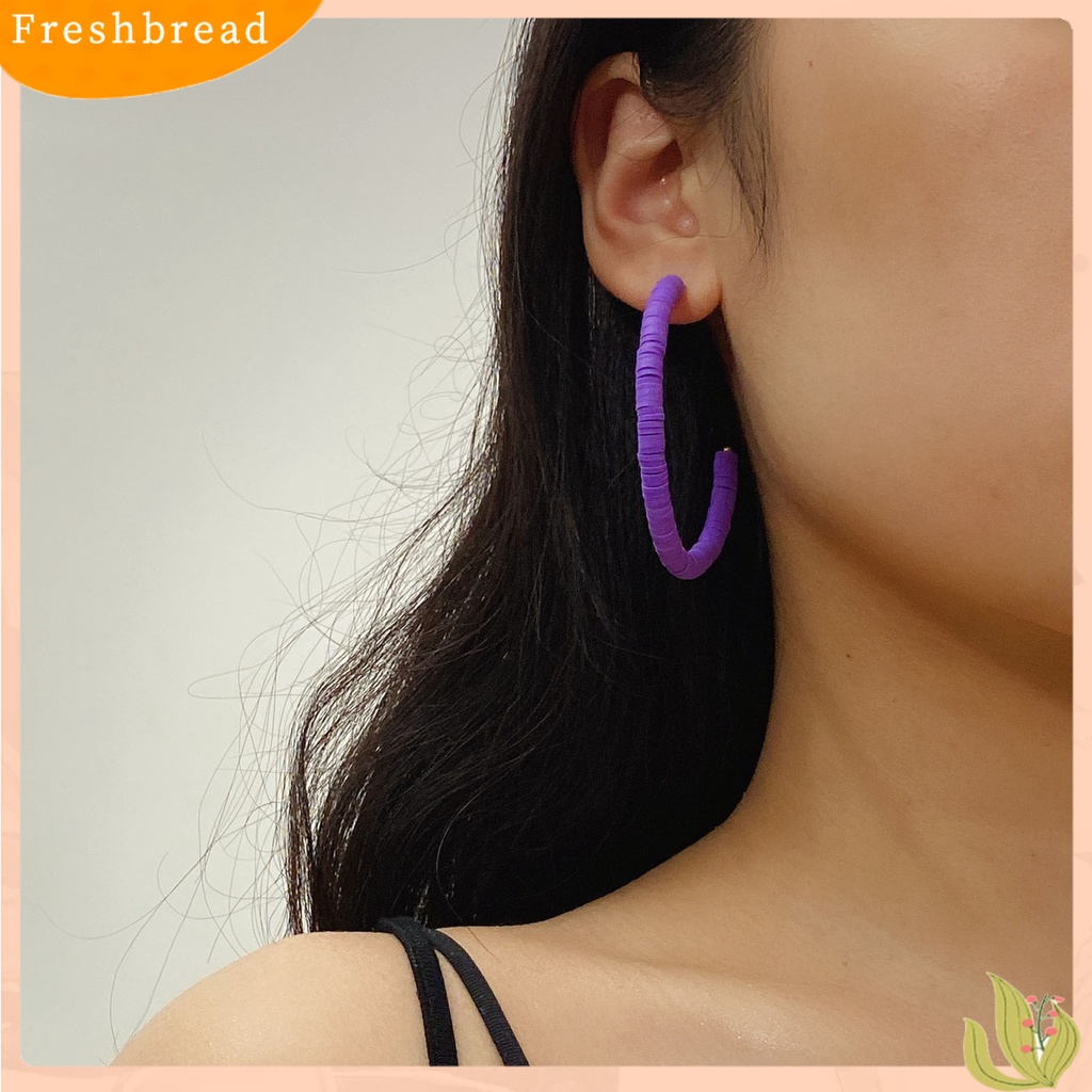 &lt; Freshbread &gt; 1pasang All-match Wanita Warna Pelangi Polymer Clay Bohemian Hoop Stud Earring Untuk Outdoor