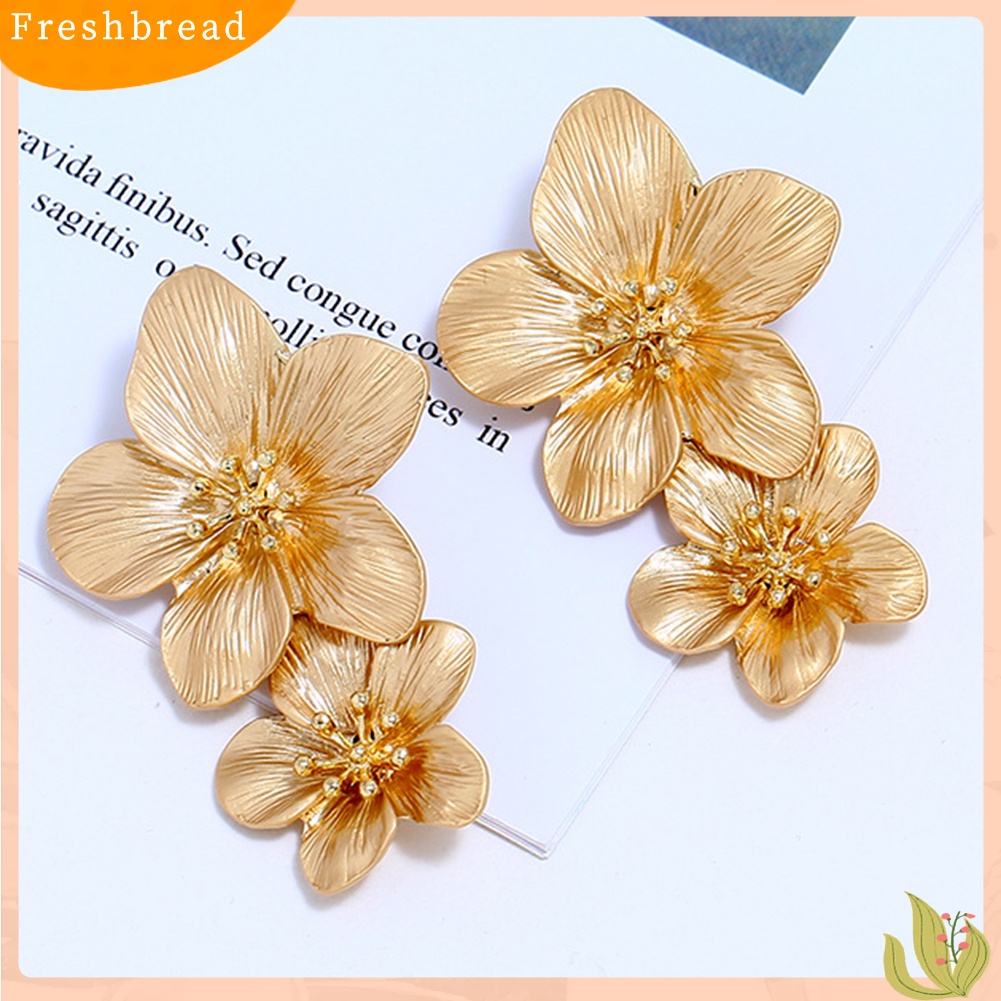 &lt; Freshbread &gt; Wanita Manis Warna Solid Dual Bunga Panjang Menjuntai Stud Earrings Perhiasan Pesta