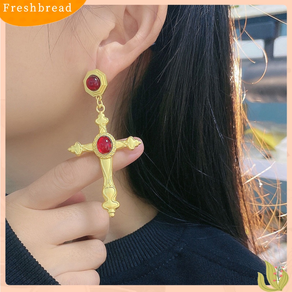 &lt; Freshbread &gt; 1pasang Drop Earrings Gaya Perancis Pertengahan Kuno Vintage Mewah Kaca Berwarna Salib Wanita Stud Earrings Fashion Jewelry