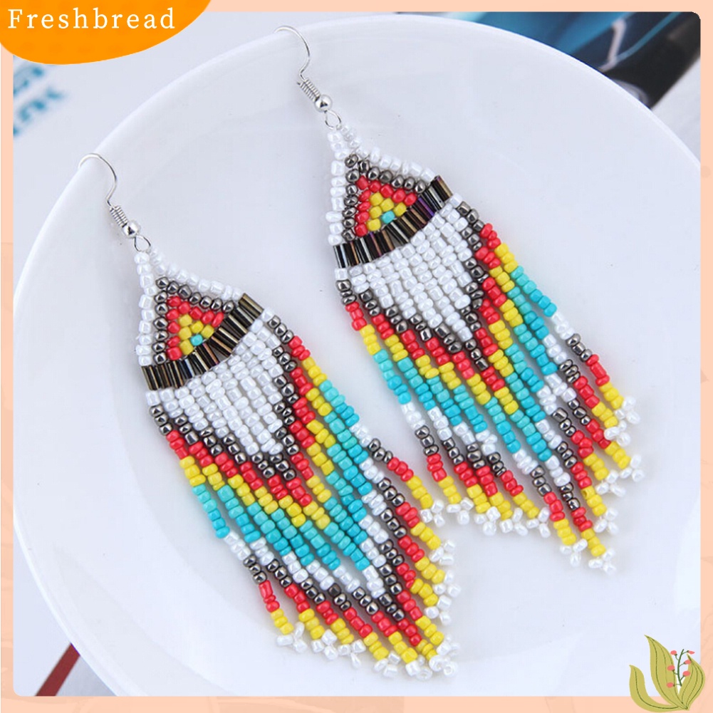 &lt; Freshbread &gt; Wanita Bohemian Panjang Manik-Manik Rumbai Drop Menjuntai Kait Anting Pesta Perhiasan Hadiah