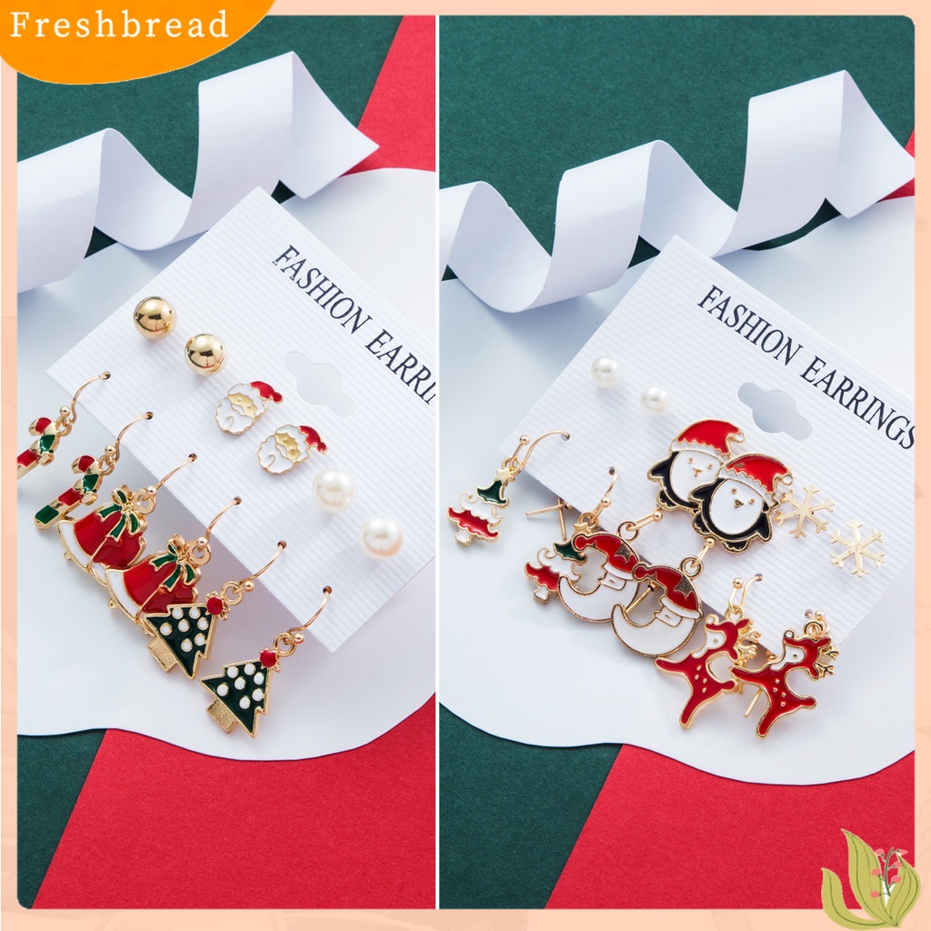 &lt; Freshbread &gt; 6pasang/Set Anting Natal Meriah Enamel Geometris Mengkilap Electroplating Dekorasi Perhiasan Hadiah Pohon Xmas Elk Snowman Santa Claus Ear Studs Menjuntai Anting