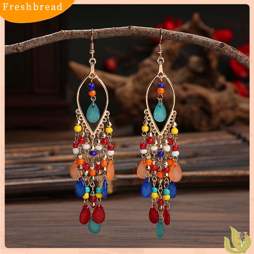 &lt; Freshbread &gt; 1pasang Anting Menjuntai Menawan Gaya Etnik Alloy Hollow Beads Rumbai Wanita Earrings Untuk Pesta