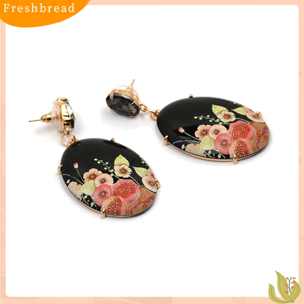 &lt; Freshbread &gt; Wanita Elegan Resin Bentuk Oval Bunga Liontin Anting Berlian Imitasi Bertatahkan Perhiasan