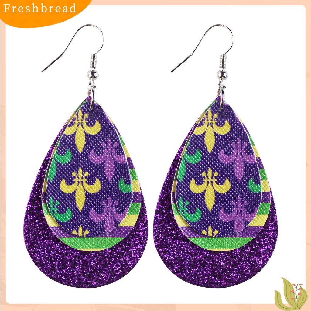 &lt; Freshbread &gt; 1pasang Anting Kait Warna-Warni Glitter Teardrop Berbentuk Daun 3lapisan Kulit Imitasi Menjuntai Anting Perlengkapan Karnaval