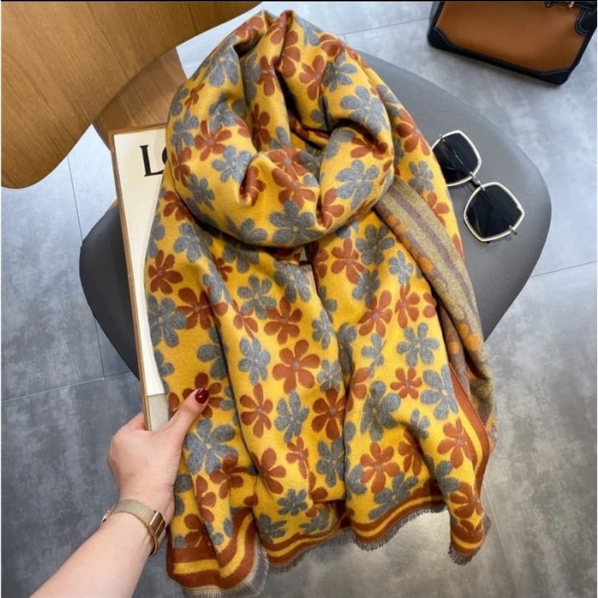 IMPORT WOMAN KIDS FLOWERY WINTER LONG SCARF SHAWL WOOL CASHMERE SYAL SELENDANG PASHMINA PANJANG WANITA MUSIM DINGIN