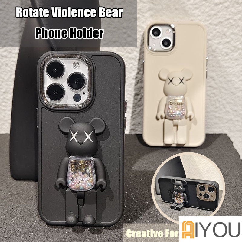 IPHONE Lucu Permen Warna Putar Violence bear Phone Holder bracket Casing Untuk Iphone14 13 12 11 Pro Max XS Max Casing Ponsel Tombol Logam Gelombang Silikon Soft Cover