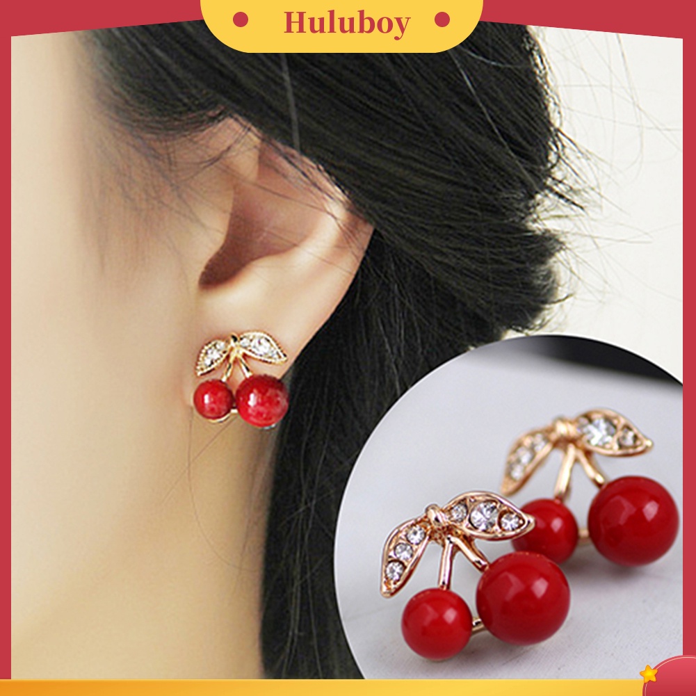 {Ready Stock} Wanita Merah Cherry Bening Berlian Imitasi Telinga Studs Beads Golden Alloy Leaves Earrings