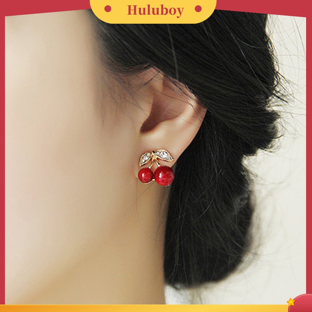 {Ready Stock} Wanita Merah Cherry Bening Berlian Imitasi Telinga Studs Beads Golden Alloy Leaves Earrings