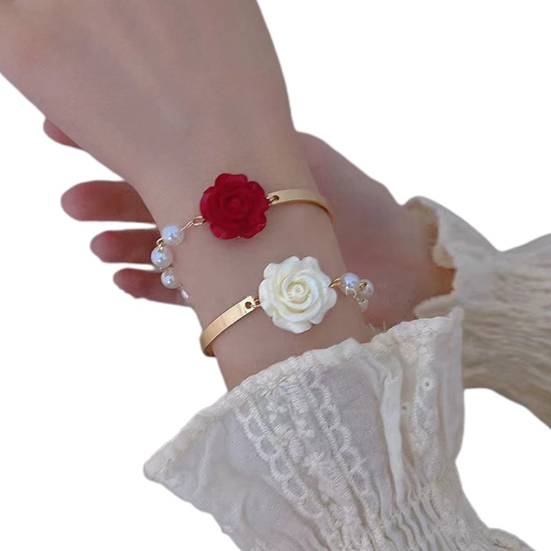 Gelang Mutiara Imitasi Mawar Merah Gaya Korea Untuk Wanita Mewah Zirkon Bunga Kupu-Kupu Adjustable Cuff Bracelet Perhiasan Pernikahan