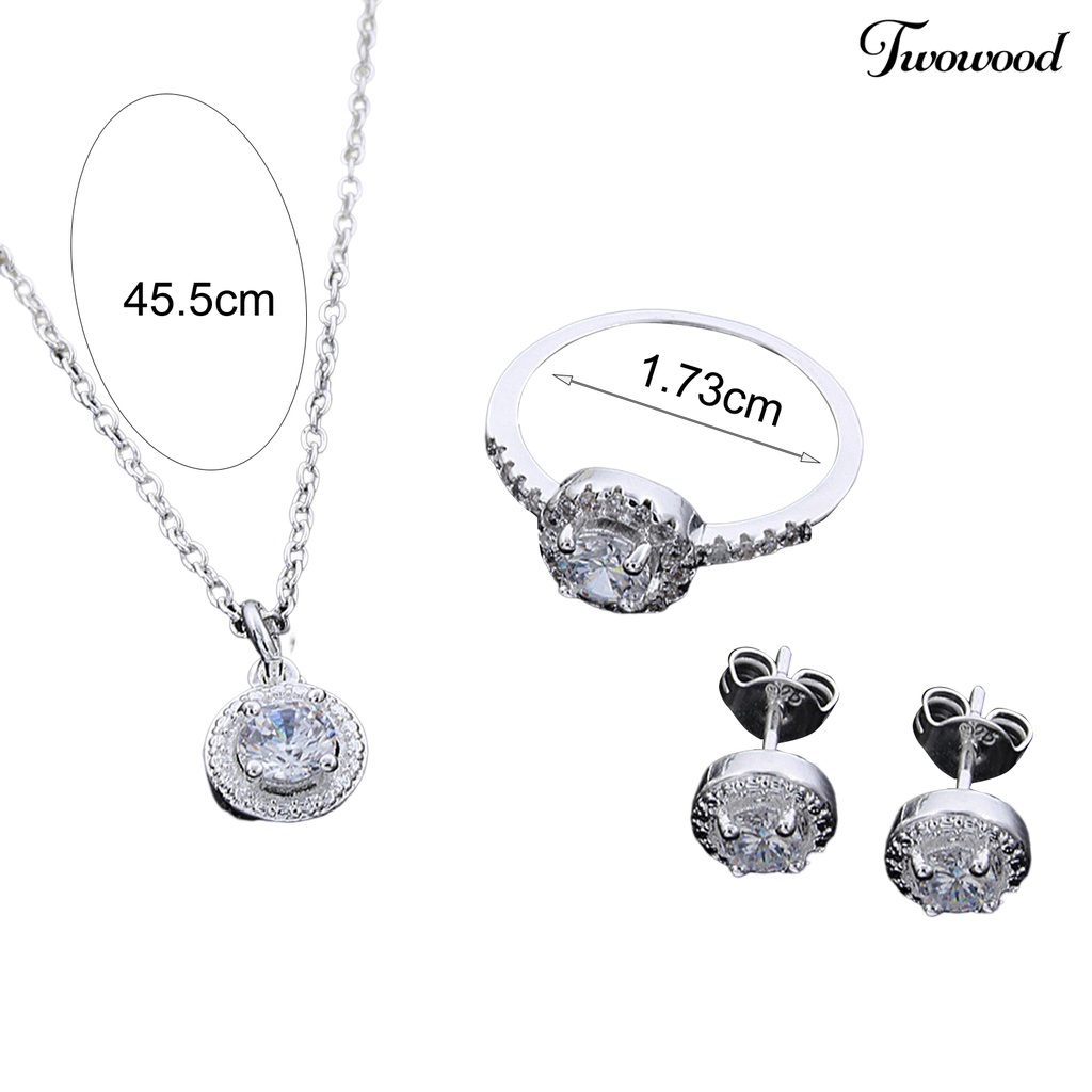 Twowood 1set Set Perhiasan Wanita Elegan Temperamen Mengkilap Berkilau Electroplating Berdandan Hadiah Cubic Zirconia Pendant Kalung Stud Anting Cincin Set Pernyataan Pernikahan