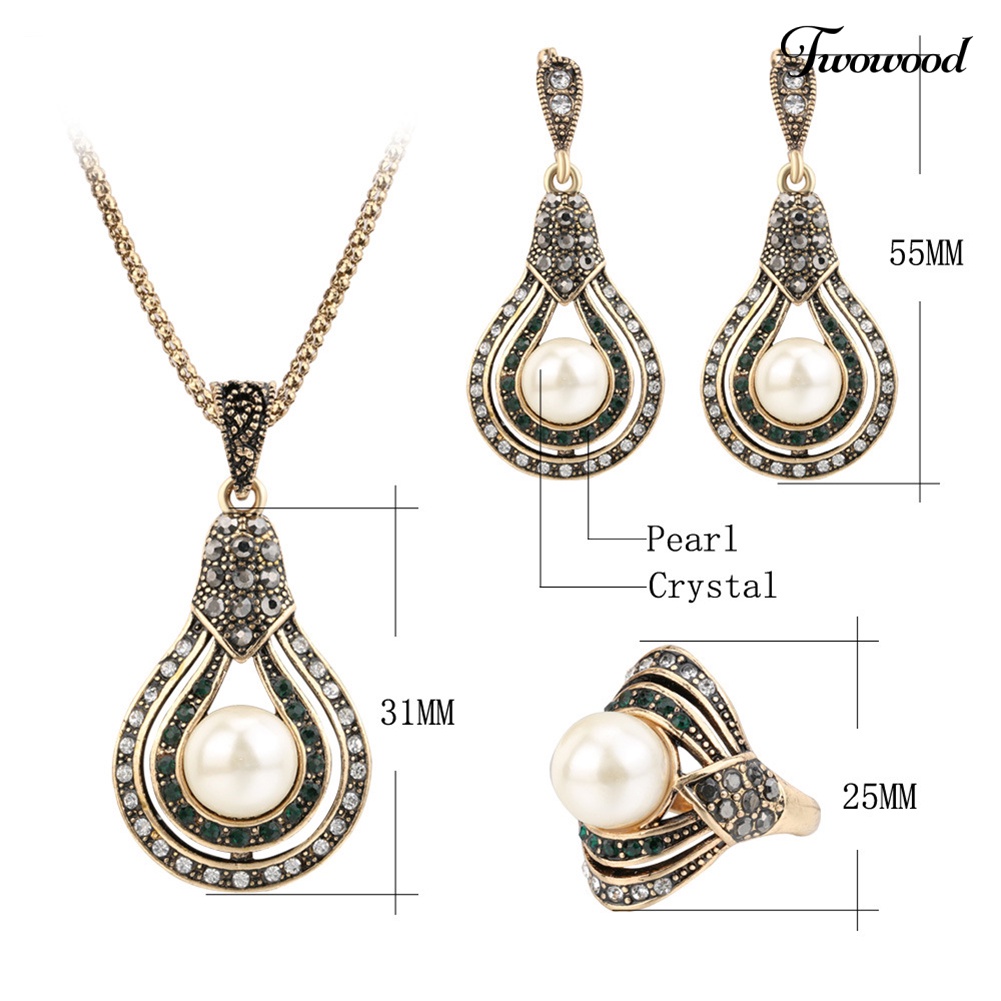 Twowood Gaya Turki Bridal Mutiara Imitasi Kalung Cincin Anting Set Perhiasan Hadiah Pesta