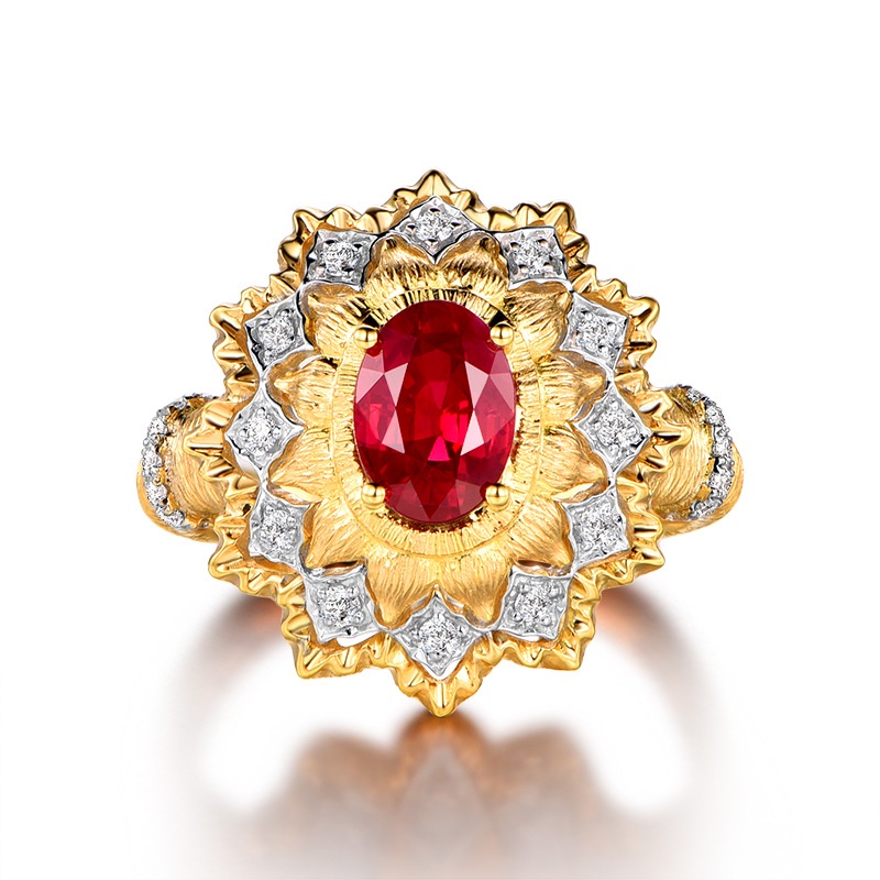 Goldkingdom Aksesoris Perhiasan Fashion Ready Stock Itali Anyaman Emas Ukir Kerajinan Darah Burung Merpati Merah Permata Cincin Dua Warna Emas Berlian Merah Cincin Digambar Tangan.