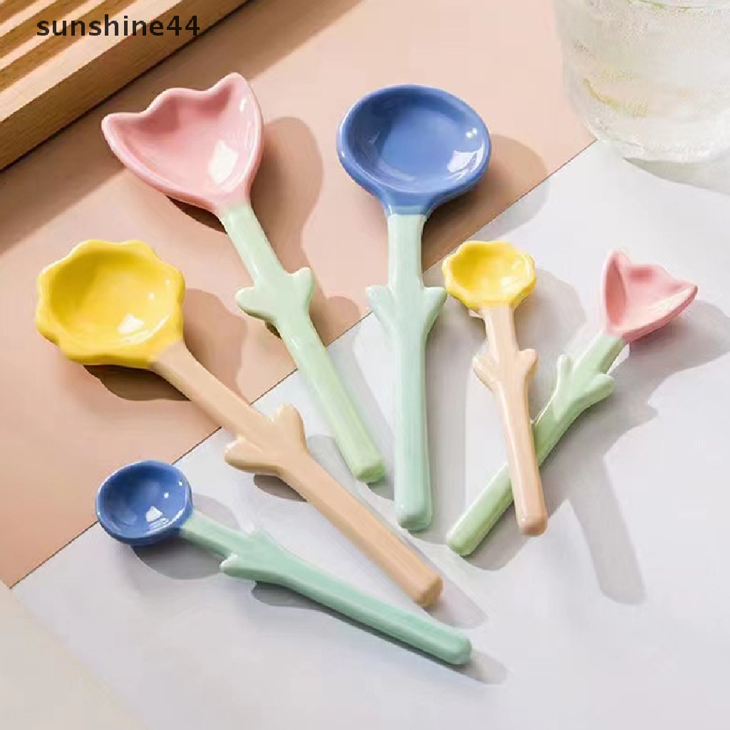 Sunshine 1Pc Sendok Keramik Bentuk Tulip 3D Bunga Sendok Kopi Sarapan Dessert Spoon ID