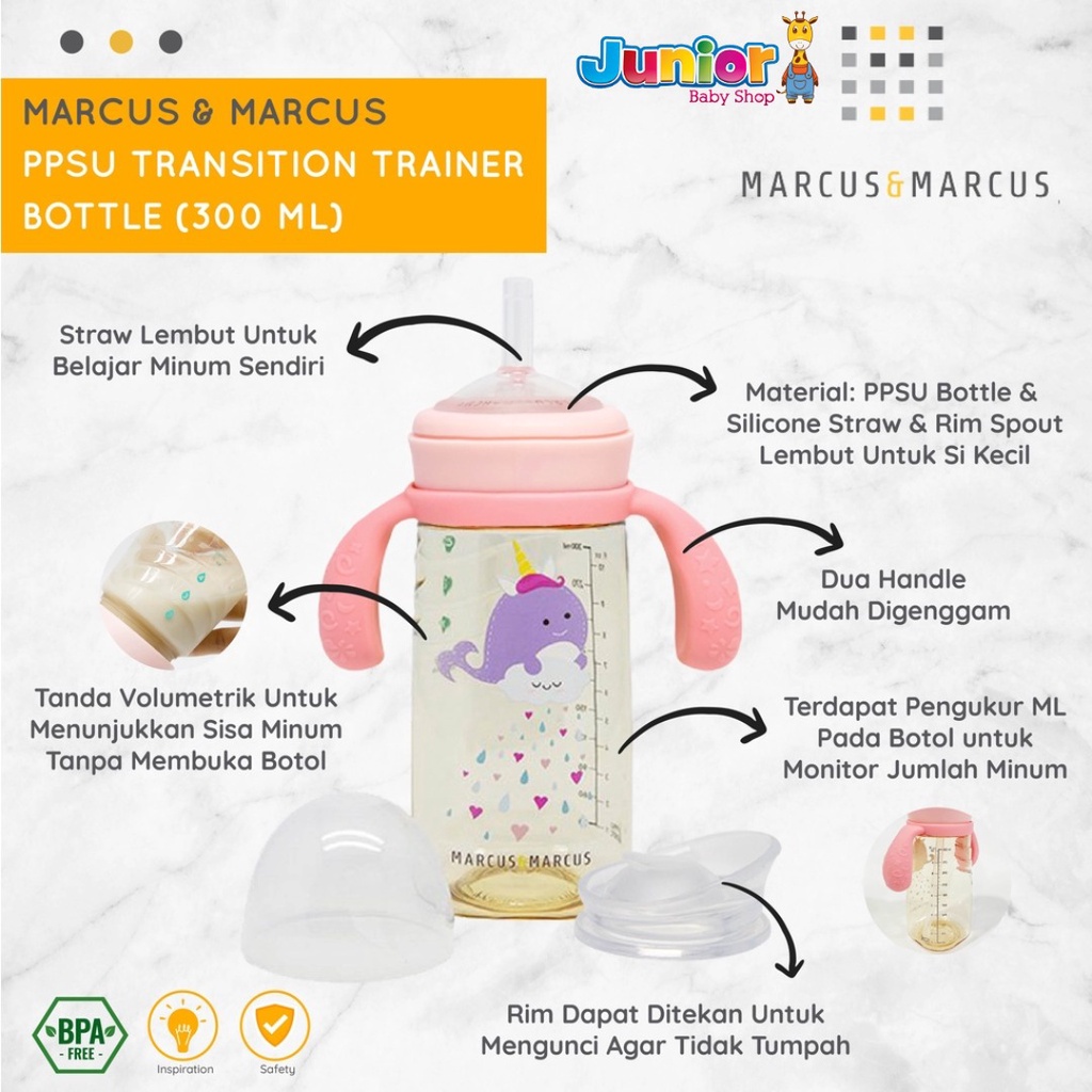 Marcus &amp; Marcus PPSU Transition Trainer Bottle (300ml) - Whale Pink