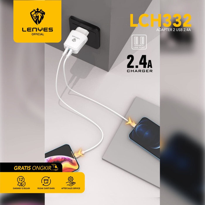 LENYES LCH332 EU 2.4A 2 adaptor usb dengan kabel charger original - TYPE C original kabel cable casan travel charger tc android usb charger micro usb type c batok kepala charger