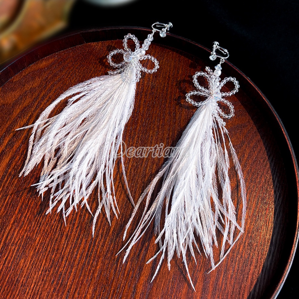 Anting Pengantin Wanita Super Abadi Premium Kristal Earclip Wedding Feather Style Earrings Handmade Manik