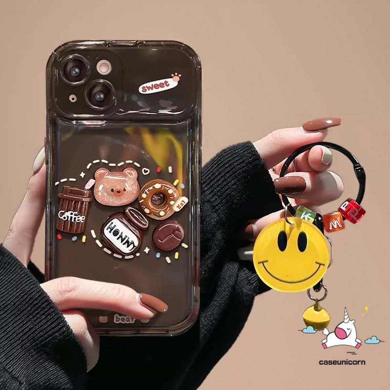 IPHONE Casing Flip Make Up Mirror Creative Case Kompatibel Untuk Iphone7 8 14 Plus 11 12 13 14 Pro MAX XR X XS MAX SE Kartun Lucu Mainan 3D Beruang Kopi Donat Shockproof Soft Cover