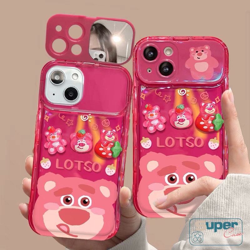 Casing Case Kartun Kompatibel Untuk iPhone 7Plus XR 11 Pro Max7 8 14 Plus 14 12 13 Pro MAX X XS MAX SE 3D Flip Make Up Cermin Beruang Strawberry Lucu Manyo Mainan Shockproof Soft Cover