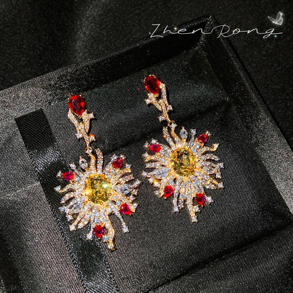 Goldkingdom Fashion Perhiasan Aksesoris Ready Stock French Vintage Full Diamond Bunga Matahari Berlian Kuning, Gaya Vintage Dewa Matahari Seni Desain Anting Panjang