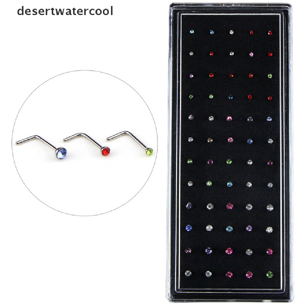 Deid 60PCS/Set Cincin Hidung Bentuk L Kristal CZ Stainless Steel Stud Tubuh Martijn