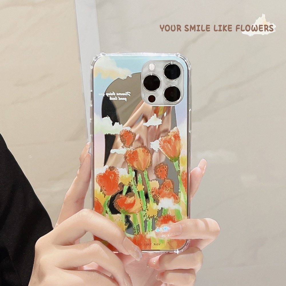 IPHONE Orange Bunga Warna-Warni Lukisan Minyak Ponsel Cermin Pelindung Ponsel Case Cover Untuk Iphone7 8 PLUS X XR XS 11 12 13 14 MINI PRO MAX SE 2020