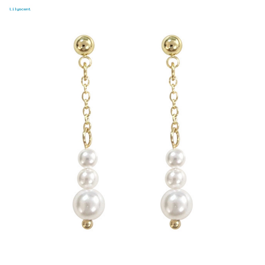 Lilyscent 1pasang Hypoallergenic Stud Earrings Fashion Perhiasan Shiny Faux Pearl Tassel Stud Earrings Golden