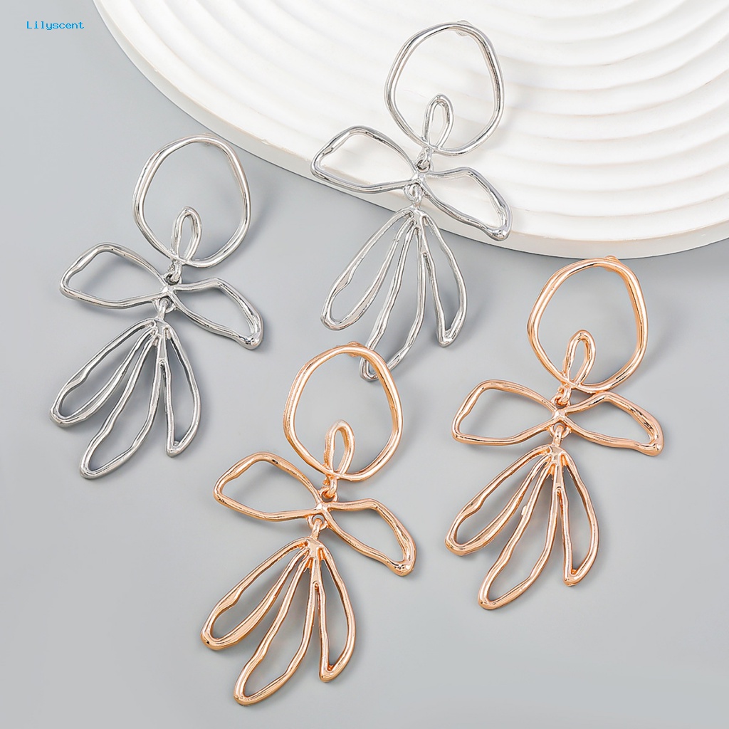 Lilyscent 1pasang Temperamen Menjuntai Anting Perhiasan Aksesoris Warna Emas Perak Bunga Wanita Drop Earrings Asimetris