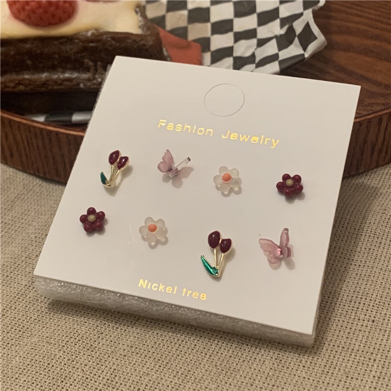 S925 Perak Jarum Bunga Tulip Anting Set Mini Fashion Kupu-Kupu Anting Korea Retro Anting Wanita