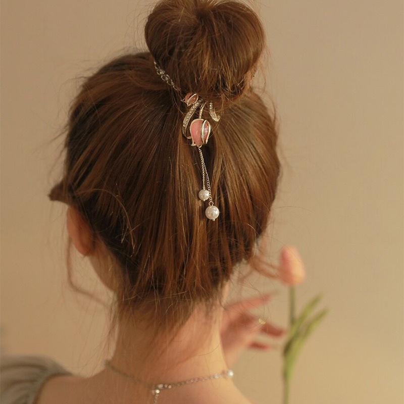 Elegan Bunga Tulip Rumbai Alloy Hair Clip Ponytail Gesper Jepit Rambut Aksesoris Rambut Wanita