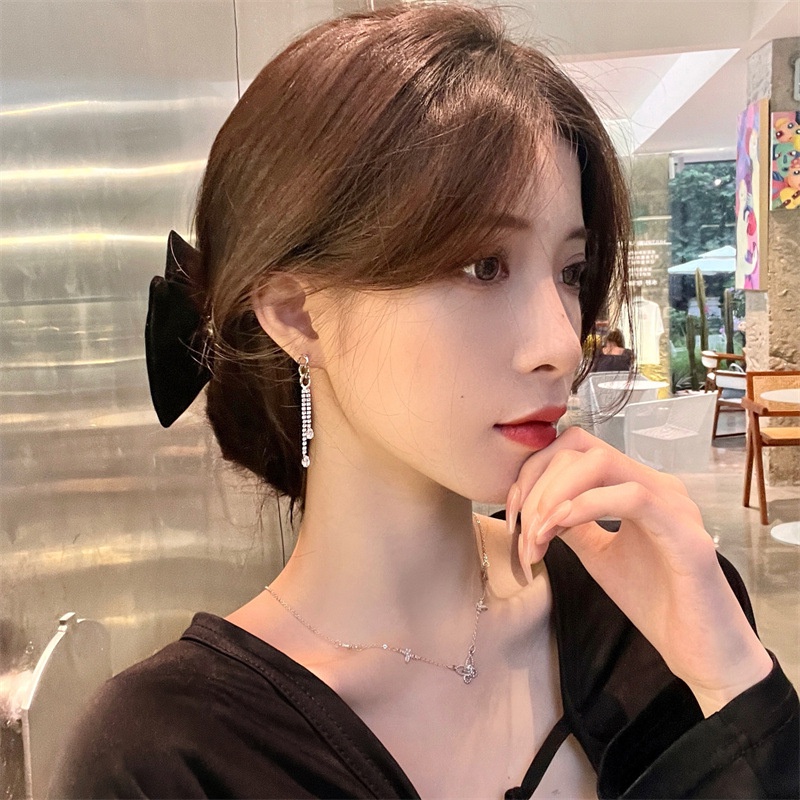 Anting Rumbai Panjang Gaya Korea Dengan Berlian Imitasi Penuh Dan Super Kilau Untuk Wanita - Ear Studs Wanita Modis Elegan Dan Mewah