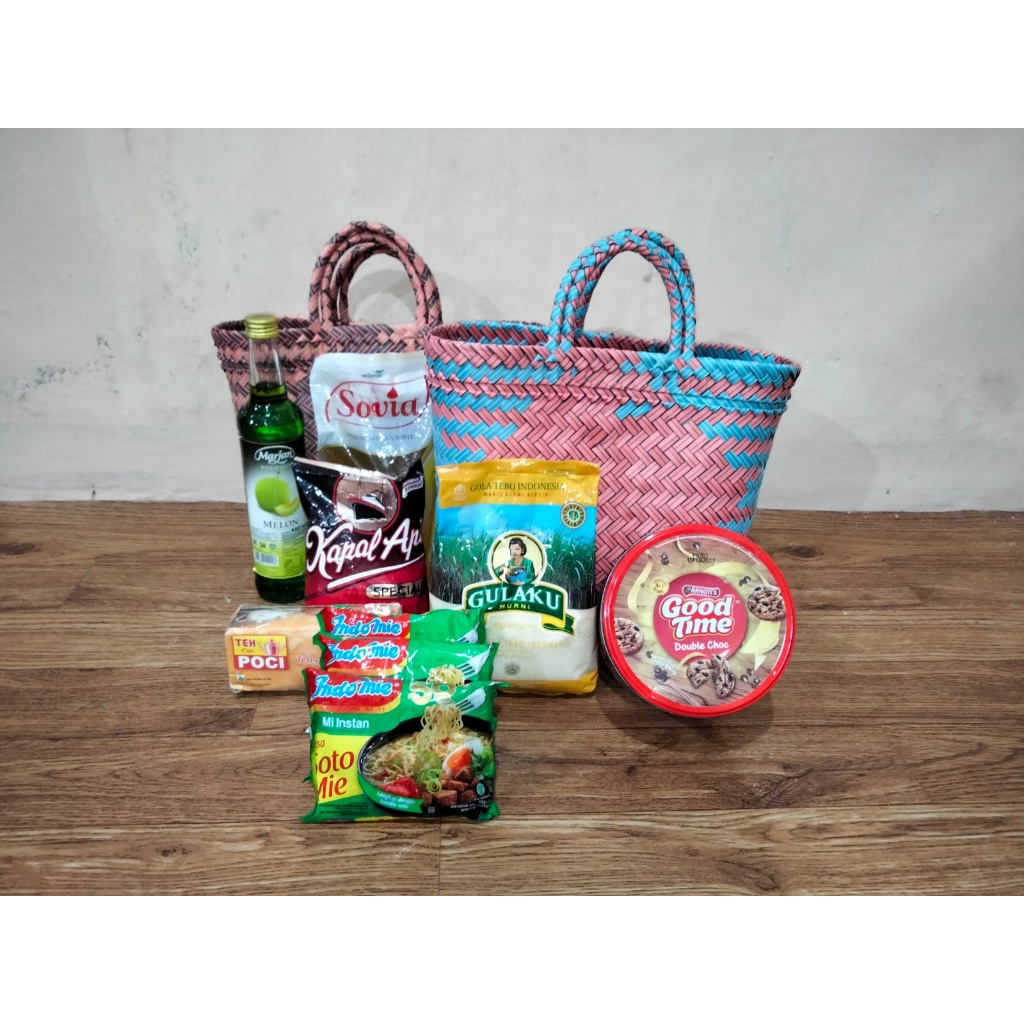 Tas Belanja Pasar / 5Pcs Tas Anyaman Motif Lancip Papak Ukuran M / Tas Hampers 02