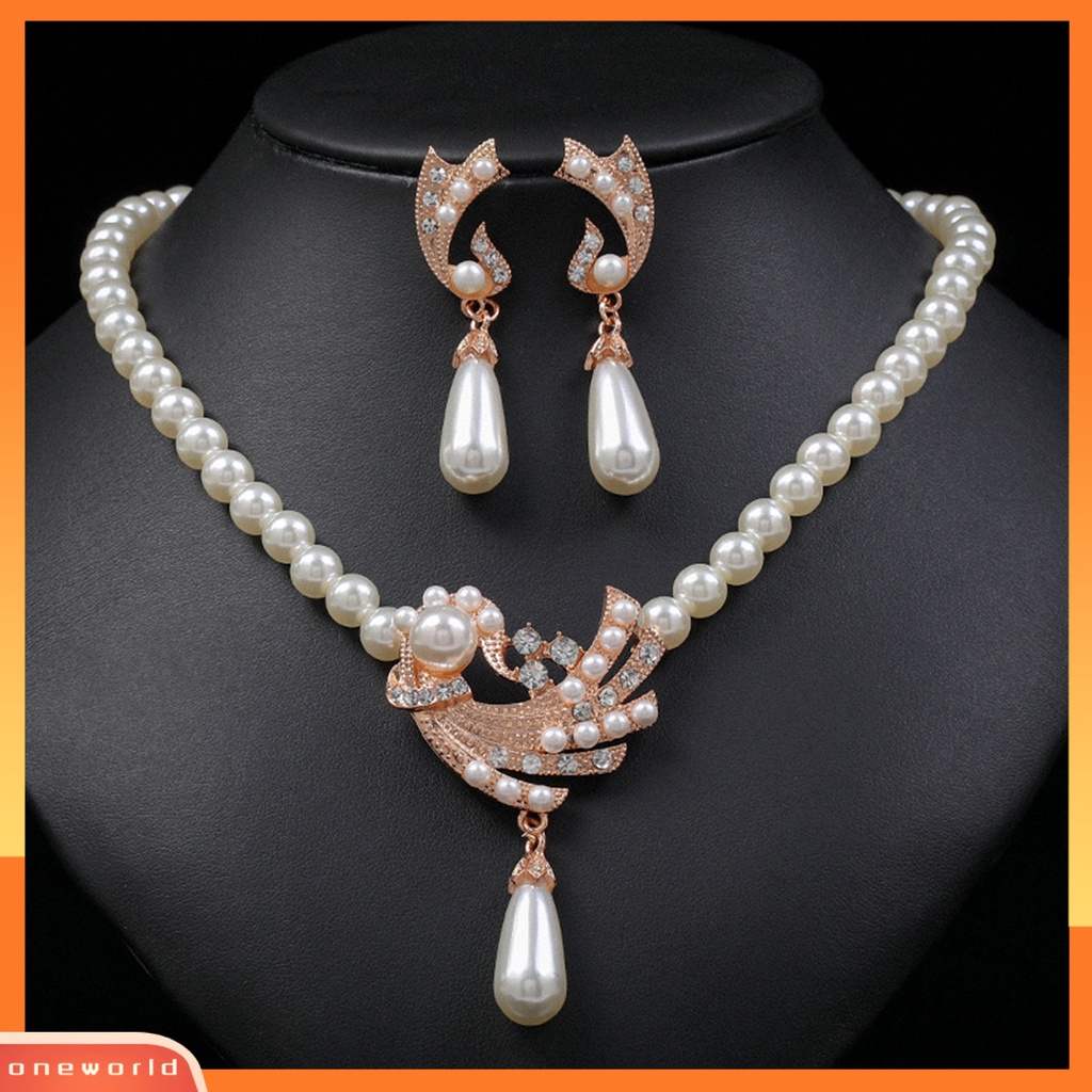 [ONE] 1set Wanita Anting High Gloss Electroplating Shiny Extension Rantai Eye-catching Dekorasi Cantik Berlian Imitasi Mutiara Imitasi Kalung Perhiasan Aksesori