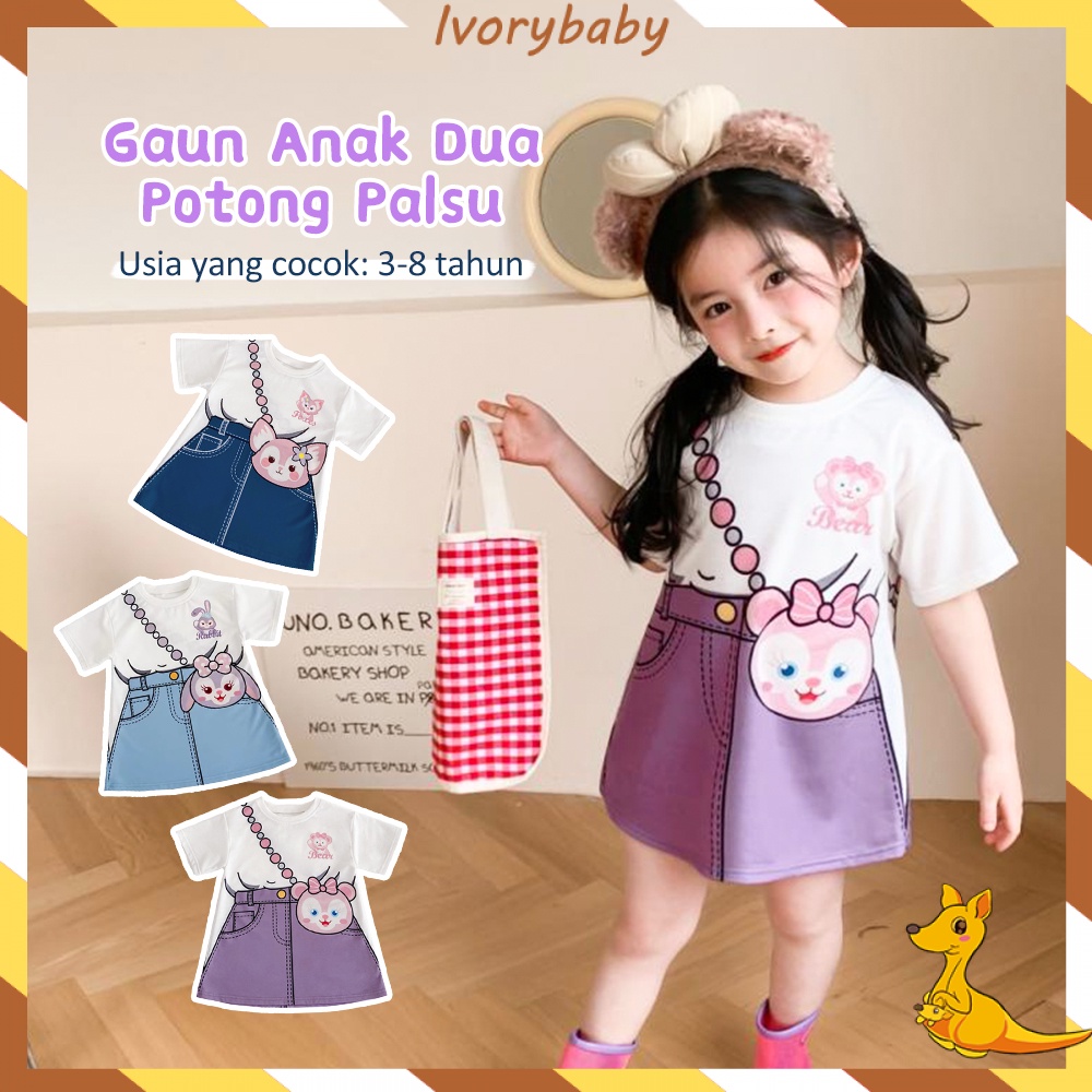 Ivorybaby Gaun anak perempuan baru Rok kasual bayi motif kelinci Dres kaos anak