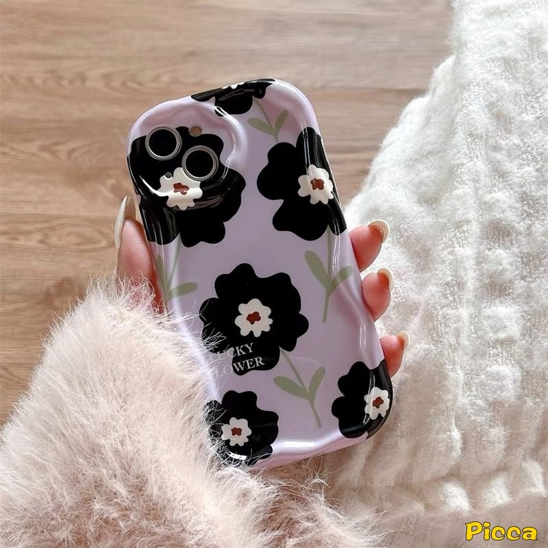 Casing Tepi Melengkung Bergelombang 3D Kompatibel Untuk IPhone 7Plus XR 78 6s 6plus 11 13 14 12 Pro Max X XS Max SE 2020 Ins Retro Black Flower Airbag Glossy Shockproof Soft Tpu Purple Cover