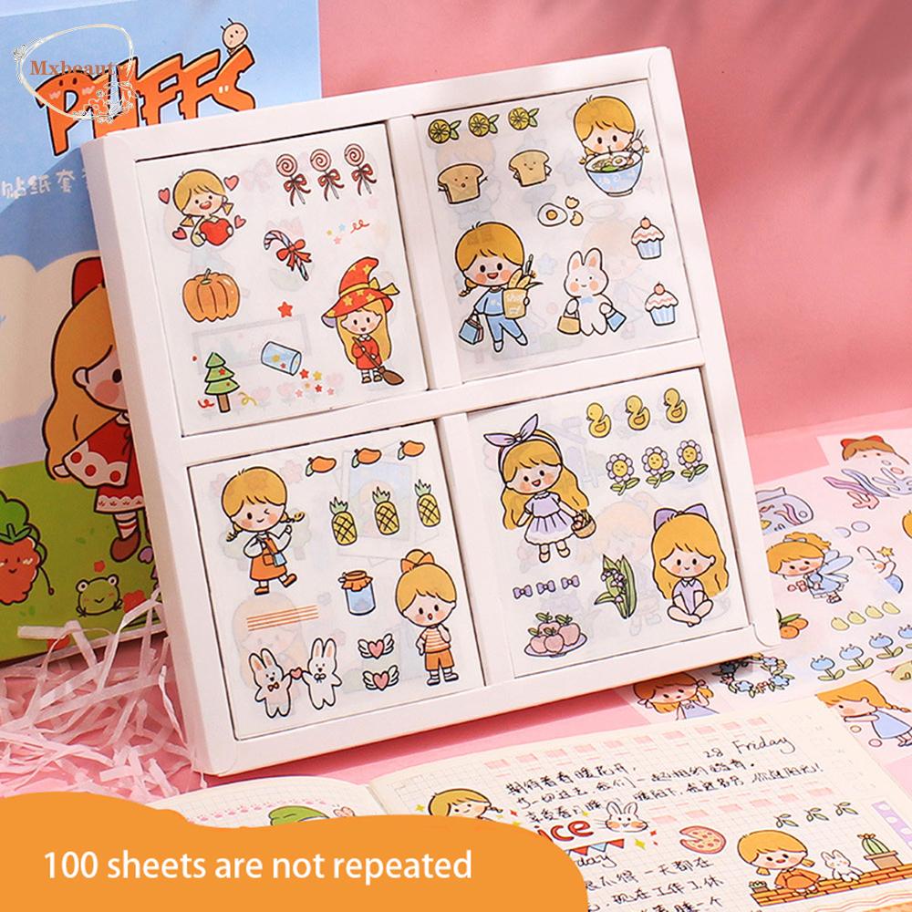 MXBEAUTY 100 pcs/box Kawaii Sticker Set Cute Pink Adhesive Decals Character Decoration Sticker Cartoon Character DIY Scrapbooking Packing Decoration Drink Food Life Pattern Gift Box Girls Rabbit Pattern Stationery