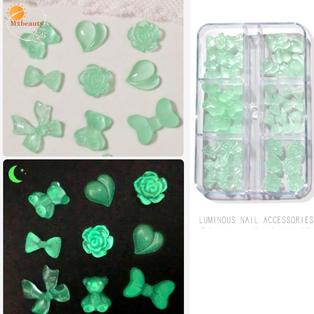 Mxbeauty Luminous Nail Drills Resin Fashion 3D Pesona Kuku Ikatan Simpul Beruang Glow in the Dark Campuran Kristal Dekorasi Kuku