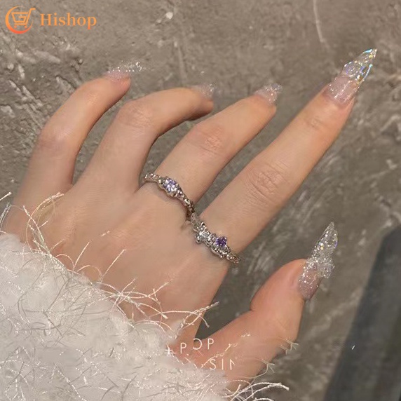 2pcs/set Cincin Kristal Ungu Set Fashion Zirkon Pembukaan Cincin Perak Untuk Aksesoris Perhiasan Wanita